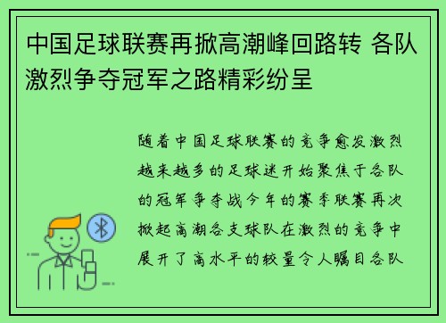 中国足球联赛再掀高潮峰回路转 各队激烈争夺冠军之路精彩纷呈