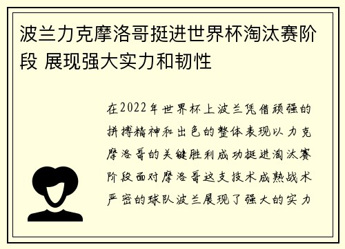 波兰力克摩洛哥挺进世界杯淘汰赛阶段 展现强大实力和韧性