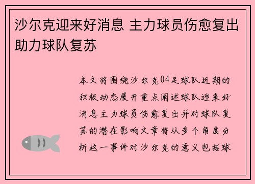 沙尔克迎来好消息 主力球员伤愈复出助力球队复苏